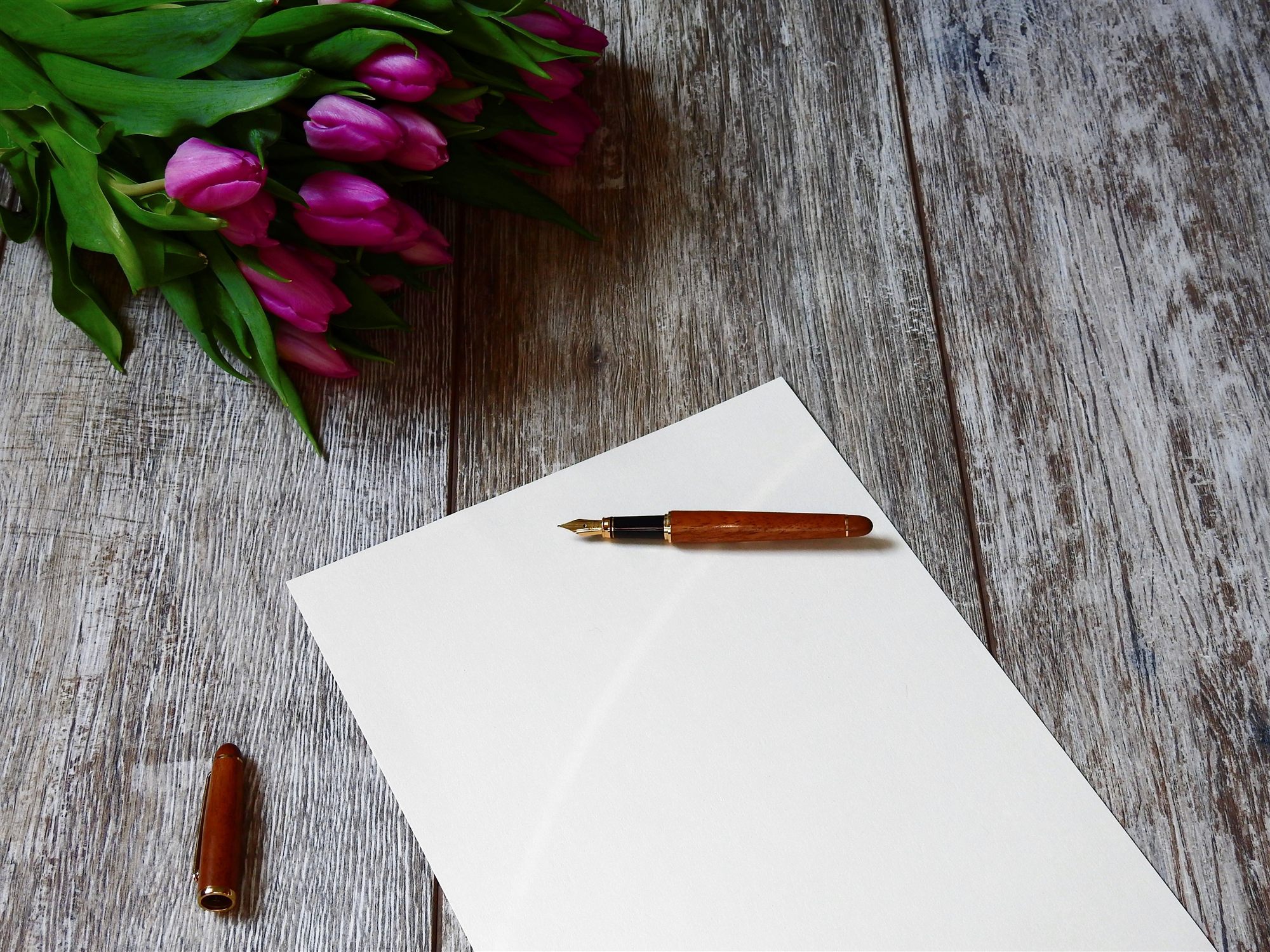 Purple tulips beside a blank page and a pen